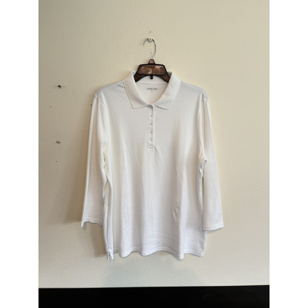 NWOT Lands End Supima Cotton 3/4 Sleeve White Polo Shirt Size XL Soft Quality